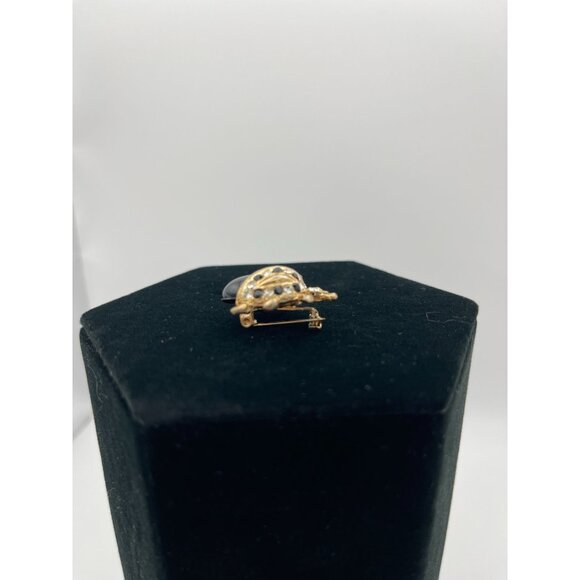 Ladybug Black Gold Tone Brooch Clear Rhinestones 1" - Picture 5 of 11